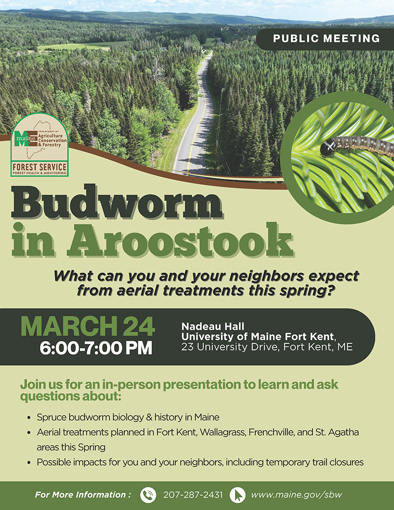 Spruce Budworm Information session on Tuesday, March 24, 2026 at Nadeau Hall, University of Maine Fort Kent, Fort Kent Maine 04743